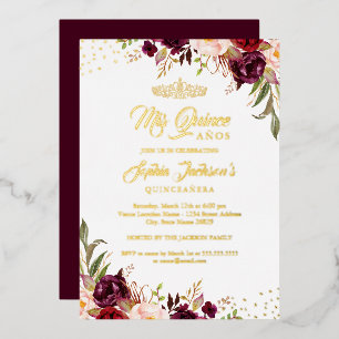 Floral Burgundy Red Gold Quinceanera