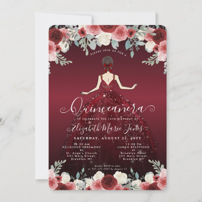 Floral Burgundy Red Princess Birthday Quinceanera Invitation (Front)