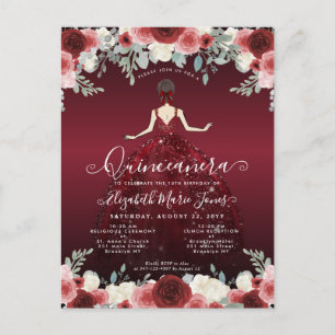 Floral Burgundy Red Princess Birthday Quinceanera Postcard