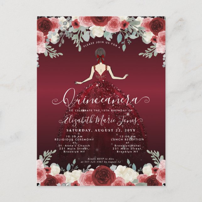 Floral Burgundy Red Princess Birthday Quinceanera Postcard (Front)