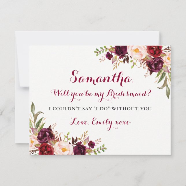 Floral Burgundy Red Will You Be My Bridesmaid Card (Front)
