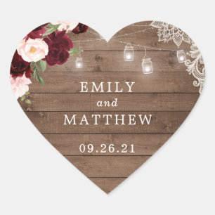 Floral Burgundy Rustic Wood Lace String Lights Heart Sticker