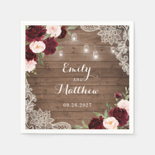 Floral Burgundy Rustic Wood Lace String Lights Napkin