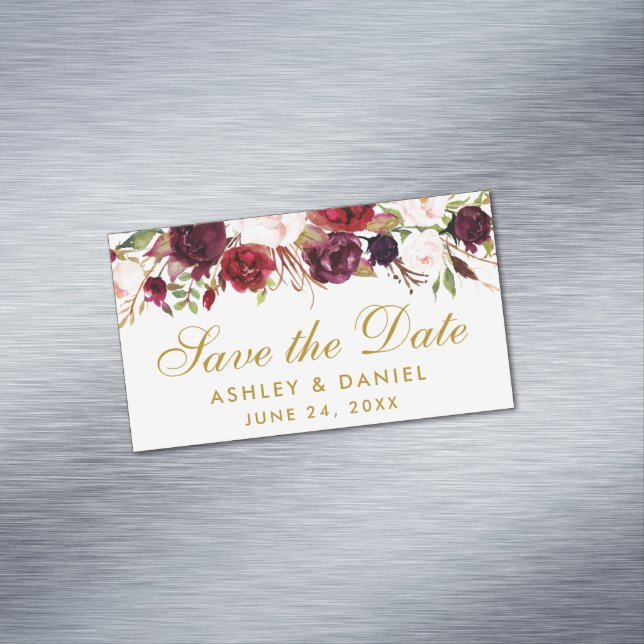 Floral Burgundy Save The Date Gold Mini Magnet (In Situ)