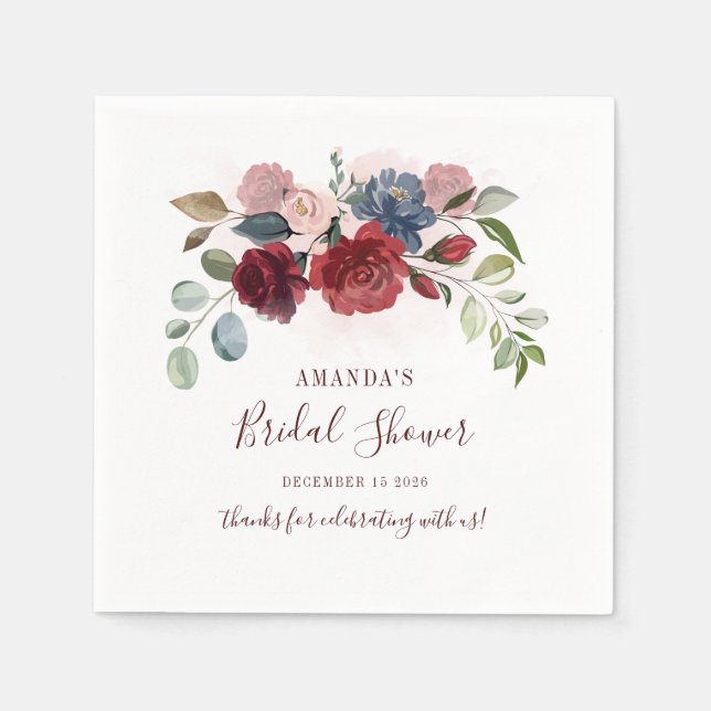 Floral Burgundy Script Bridal Shower Paper Napkin (Front)