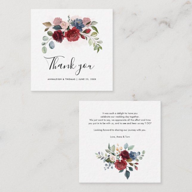 Floral Burgundy Script Elegant Wedding Thank You Card (Front/Back)