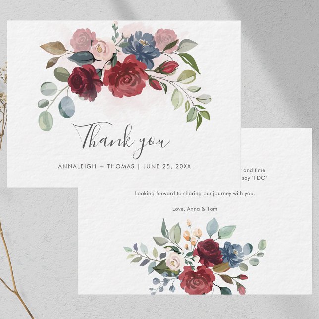 Floral Burgundy Script Wedding Thank You Card (Floral Burgundy Script Wedding Thank You Note Card)