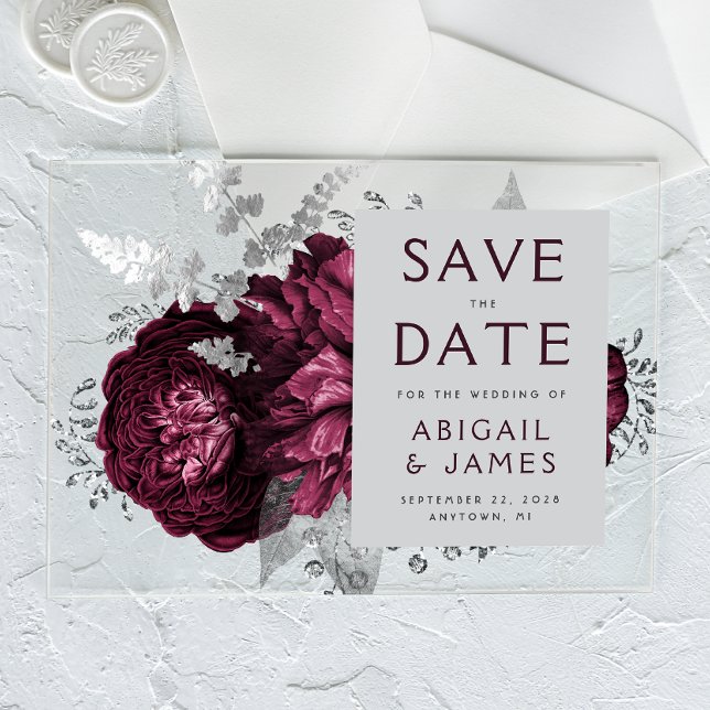 Floral Burgundy Silver Wedding Save the Date Acrylic Invitations (Creator Uploaded)