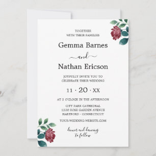 Floral Burgundy Teal Watercolor Roses Wedding Invitation
