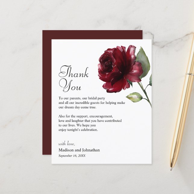 Floral Burgundy Thank You Wedding Reception Card (Front/Back In Situ)
