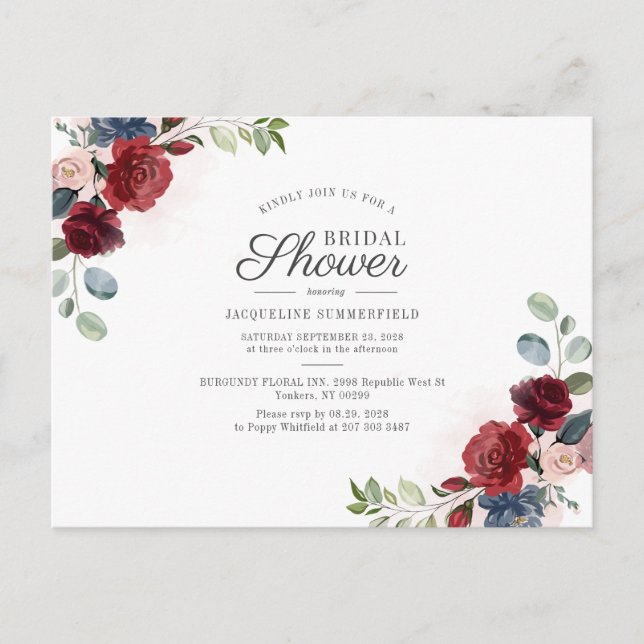 Floral Burgundy Watercolor Blush Bridal Shower Invitation Postcard (Front)