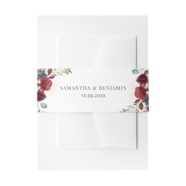 Floral Burgundy Watercolor Fall Wedding Invitation Belly Band (Front Example)