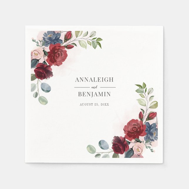 Floral Burgundy Watercolor Foliage Wedding Napkin (Front)