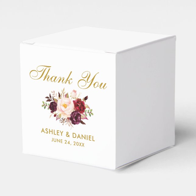 Floral Burgundy Watercolor Gold Wedding Thanks Favour Box (Front Side)