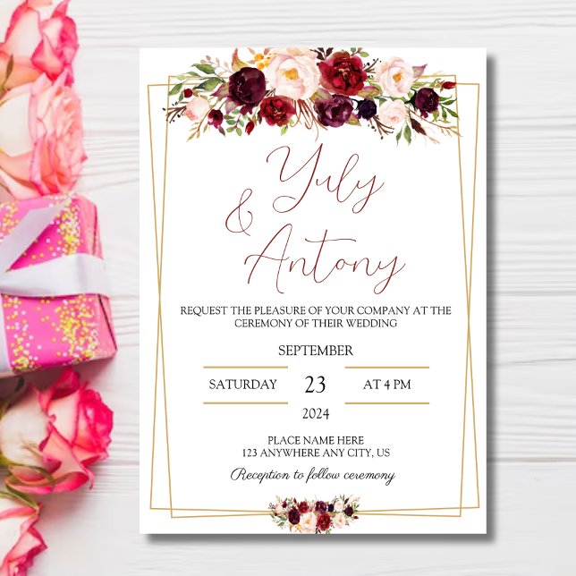Floral Burgundy Watercolor Modern Invitation  (Tarjeta para boda flores rojo borgoña
)