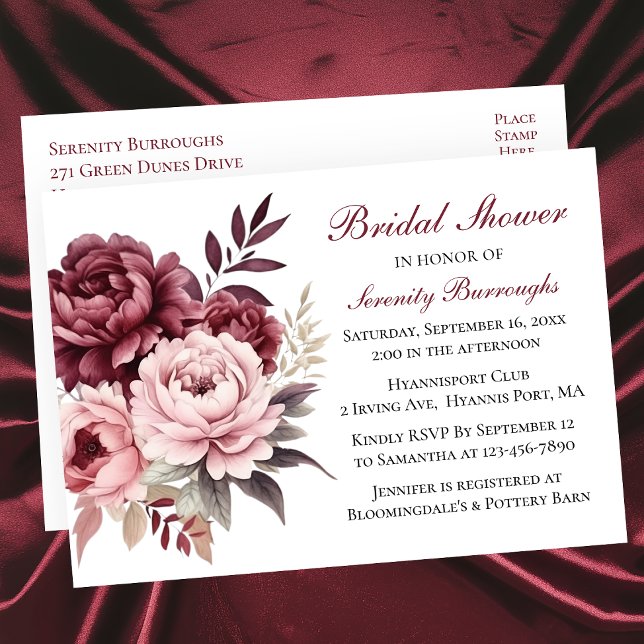 Floral Burgundy Watercolor Peony Bridal Shower  Invitation Postcard (Creator Uploaded)