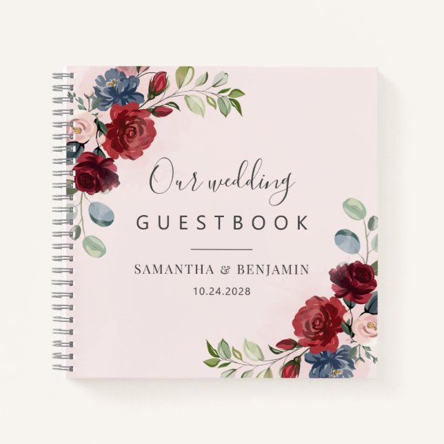 Floral Burgundy Watercolor Wedding Guest Book (Front)