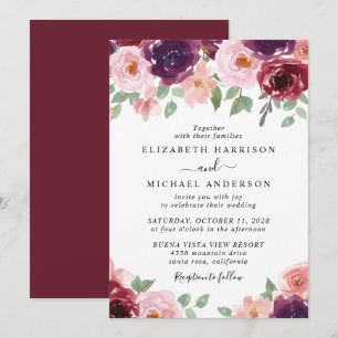 Floral Burgundy Watercolor Wedding Invitation