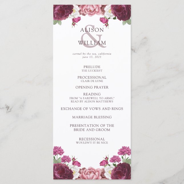 Floral Burgundy Wedding Ceremony Program Programme (Front)