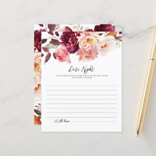 Floral Burgundy Wedding Date Night ideas Cards