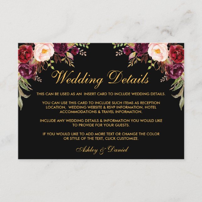 Floral Burgundy Wedding Details Black Insert Card (Front)
