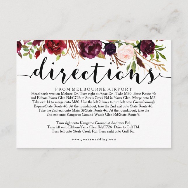 Floral Burgundy Wedding Directions Info Card (Front)
