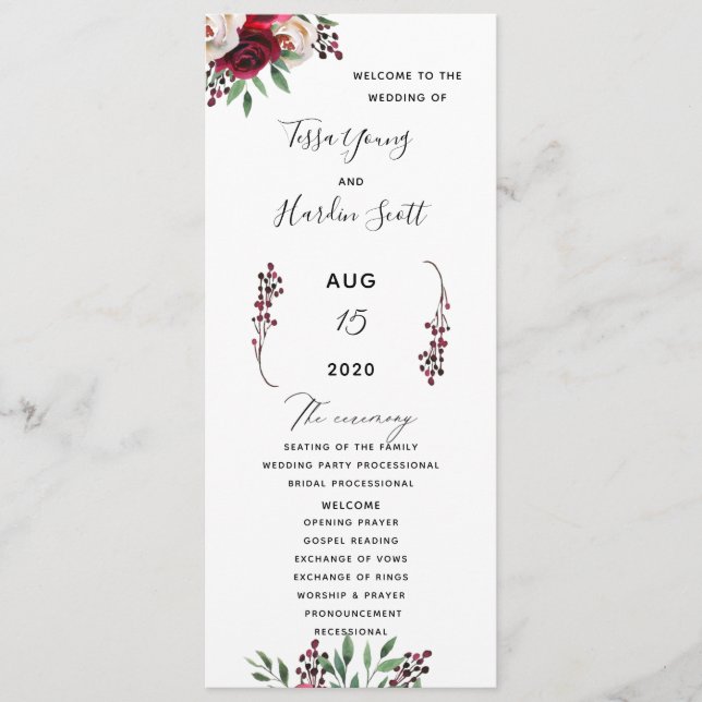 Floral Burgundy Wedding Flat Program Programme (Front)