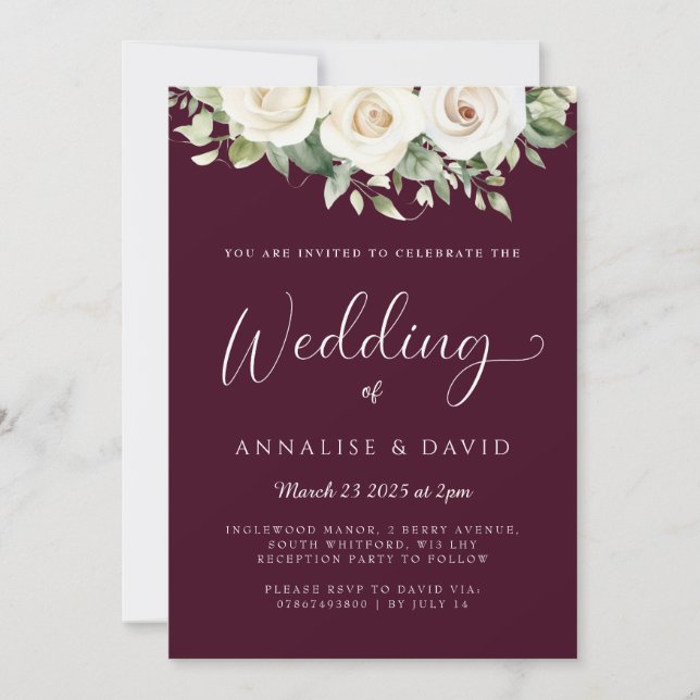 Floral burgundy wedding invitation (Front)