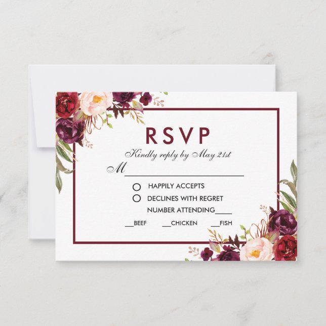 Floral Burgundy Wedding Meal RSVP (Front)