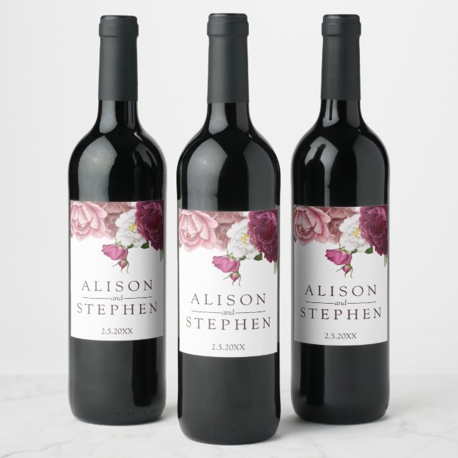 Floral Burgundy Wedding Personalised Wine Label (Bottles)