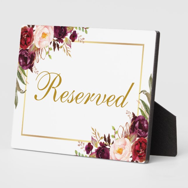 Floral Burgundy Wedding Reserved 5x7 Table Plaque (Side)