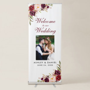 Floral Burgundy Wedding Welcome Photo Retractable Banner