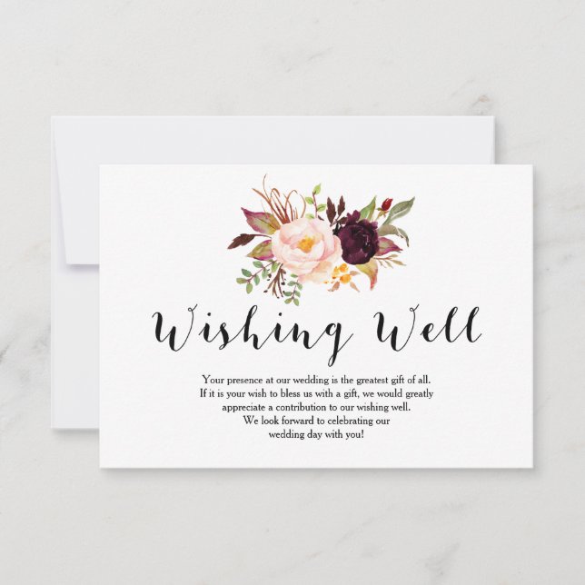 Floral Burgundy Wedding Wishing Well Card (Front)