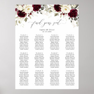Floral Burgundy White Gold Wedding Seating Chart