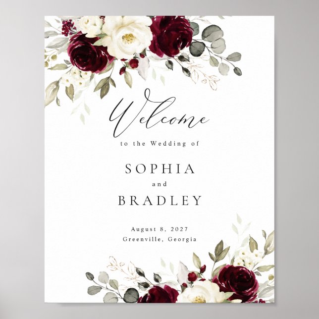 Floral Burgundy White Gold Wedding Welcome Sign (Front)