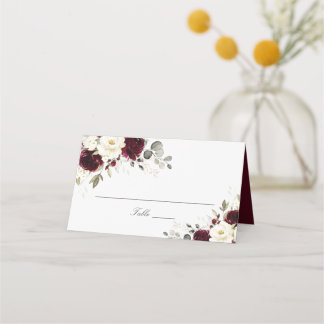 Floral Burgundy White Greenery Elegant Place Card