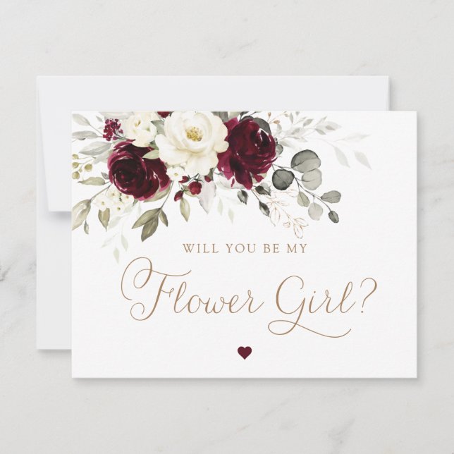 Floral Burgundy White Greenery Flower Girl Wedding Invitation (Front)