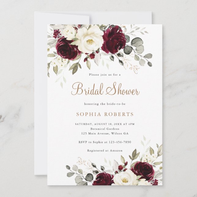 Floral Burgundy White Greenery Gold Bridal Shower Invitation (Front)