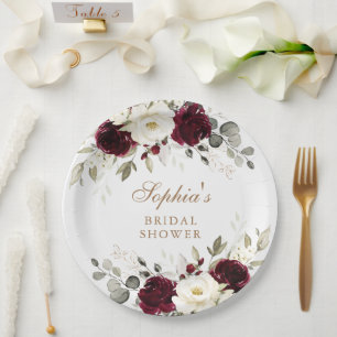 Floral Burgundy White Greenery Gold Bridal Shower Paper Plate