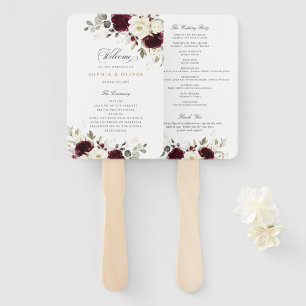 Floral Burgundy White Greenery Wedding Program Hand Fan