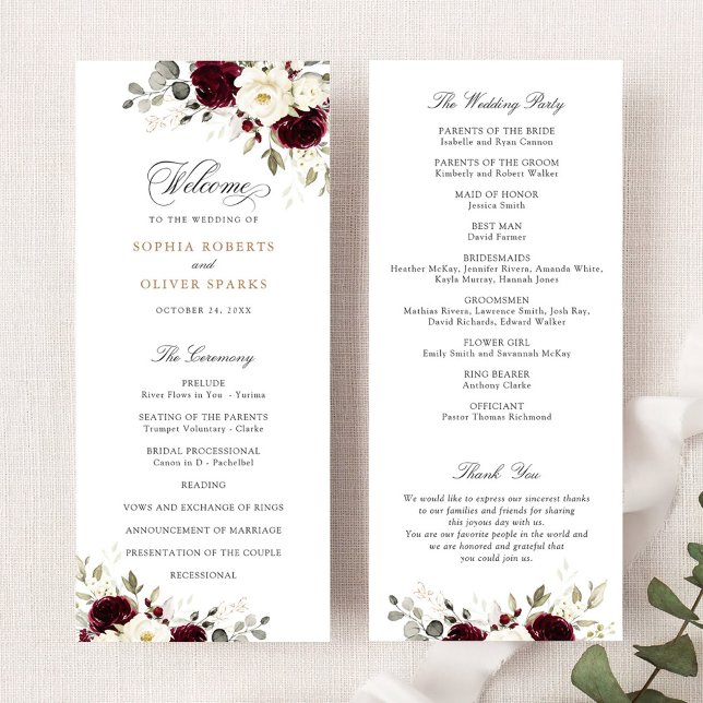 Floral Burgundy White Greenery Wedding Program Programme (Creator Uploaded)