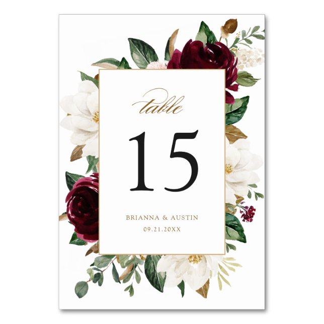 Floral Burgundy White Magnolia Gold Elegant Table Number (Front)