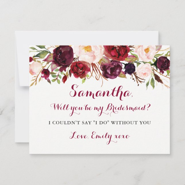 Floral Burgundy Will You Be My Bridesmaid Card (Front)