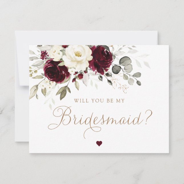Floral Burgundy Will You Be My Bridesmaids Card (Front)