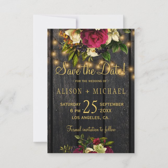Floral burgundy wood PHOTO save the date wedding (Front)