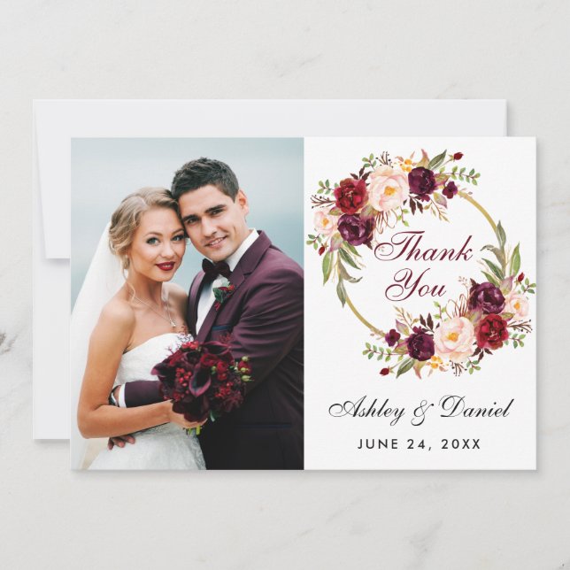 Floral Burgundy Wreath Wedding Photo Thanks Card (Front)