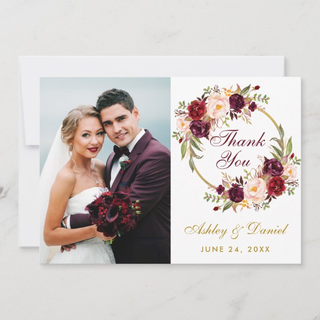 Floral Burgundy Wreath Wedding Photo Thanks Thank You Card (Front)