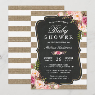 Floral Burlap Stripes Rustic Shabby Baby Shower Invitation