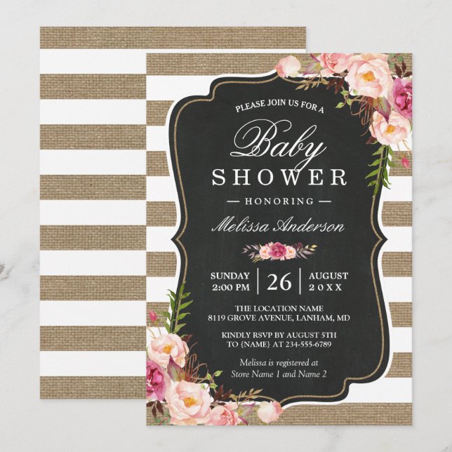 Floral Burlap Stripes Rustic Shabby Baby Shower Invitation (Front/Back)
