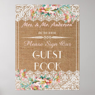 Floral burlap wedding guestbook poster